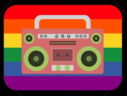 Symbolbild
                            für Rainbow City Radio mit Regenbogenflagge
                            und Ghettoblaster